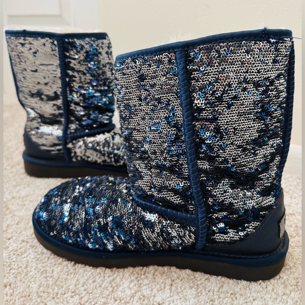 UGG Blue Silver Flip Sequin Boots Size 7